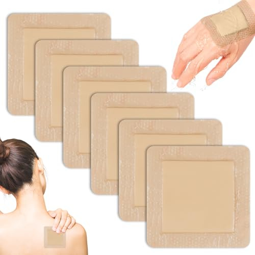6 Stück Silikonschaumverband 10cm x 10cm (6.5cm x 6.5cm Wundkissen) Dekubitus Pflaster Wasserdichter Silikon Schaumverband Wundverbände für leicht exsudierende Wunden, Dekubitus, Verbrennungen, Blasen