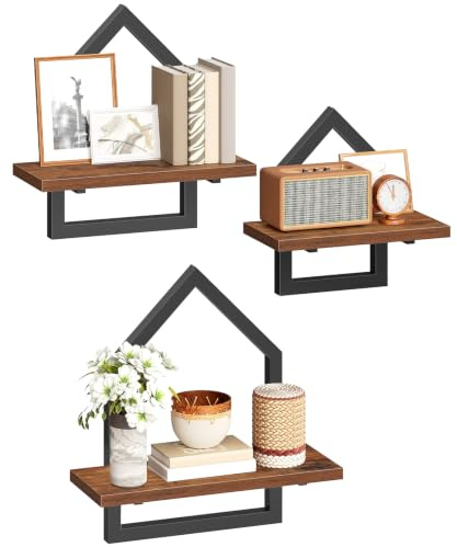 HOOBRO Wandregale, 3er-Set (groß, mittel, klein), Schweberegale, Wandboards mit fünfeckigem Metallrahmen, DIY-Kombination für Wohnzimmer, Schlafzimmer, Bad, Küche, Vintagebraun und Schwarz EBF12BJP301