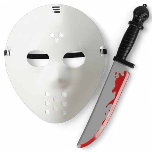 MIJOMA Halloween Maske mit Messer Set 2-teilig – Grusel Kostüm Zubehör für Erwachsene & Kinder – Horrormaske mit Spielzeug-Waffe