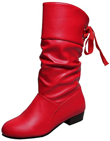 Bottines Hiver Femme Mi-Millet Bottine Noeud Papillon À Lacets Botte Slouchy Bottes Couleur Unie Polyvalent Boot Décontracté Mollets Larges Chaussure Bottes Femme Daim Talon Bloc Grande Pointure