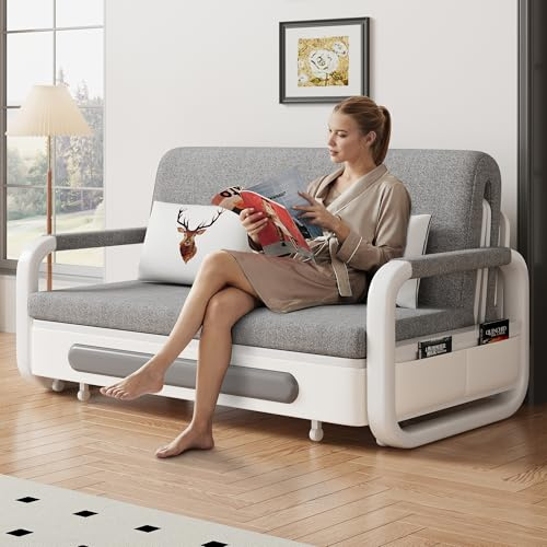 Cabriolet bäddsoffa med förvaring, rymlig 2-sits soffa, 3-i-1 sovsäck för små utrymmen, robust metallram, inkluderar latexmadrass (1,28 m och 1,58 m storlekar), utdragbar säng för vardagsrum och