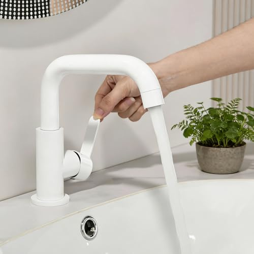 ONECE Waschtischarmatur mit 360° Drehbar, Weiß Wasserhahn Bad mit Auslauf Höhe 136.5 mm, Einhebelmischer für Waschbecken, Waschbeckenarmatur mit Abnehmbar Bubbler