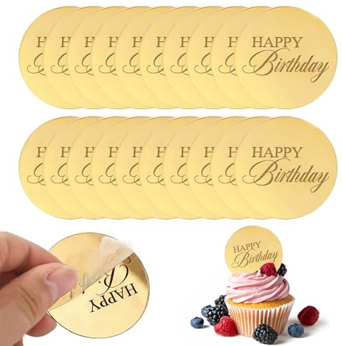 20PCS Cupcake Toppers for Birthday Party – Happy Birthday Cake Topper Round Personalised Acrylic Mirror Disc – Gold Engraved Cupcake Decorations – Reusable Dessert Birthday Party Supplies