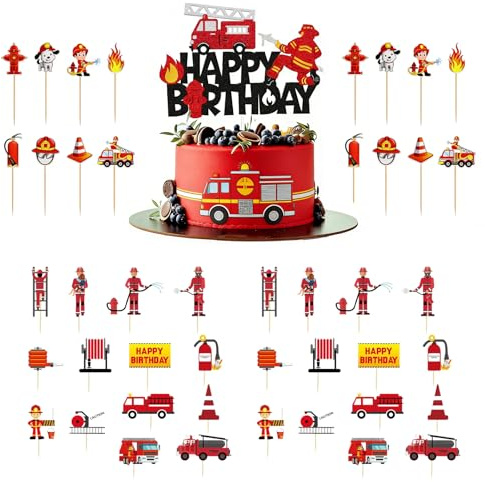 45 Stück Feuerwehr Tortendeko - Feuerwehrmann Kuchen Dekorationen Zubehör, Fire Truck Cupcake Toppers für Geburtstag Party Dekor