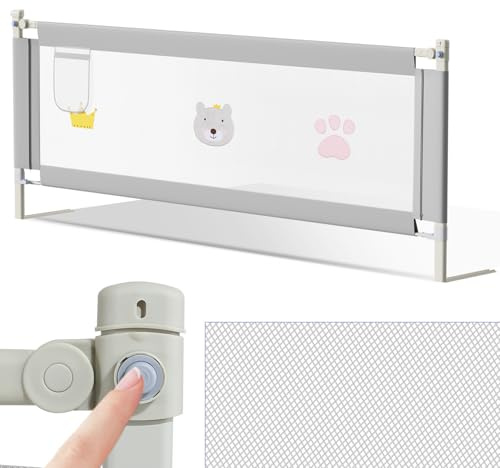 Hebitod Griglia di protezione per letto per bambini, 150 x 70 cm, altezza regolabile 70 – 98 cm, griglia per letto con chiusura di sicurezza, telaio in acciaio stabile, colore: grigio