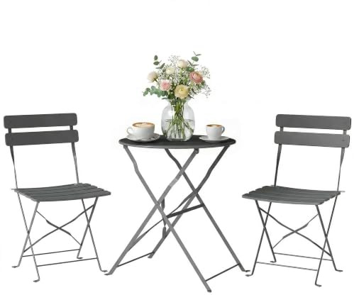 Outsunny 3 Piece Folding Bistro Set Round Bistro Table Set Grey | 2 Chairs, Electrophoresis Metal Frame, Small Outdoor Garden Furniture Conversation, for Patio Balcony Porch