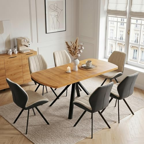 JIEXI Esstisch mit 6 Stühlen Set ausziehbar, Essgruppe mit Küchentisch und gepolsterten Esszimmerstühlen, Esszimmermöbel für Küche Esszimmer Wohnküche, Holzoptik Schwarz