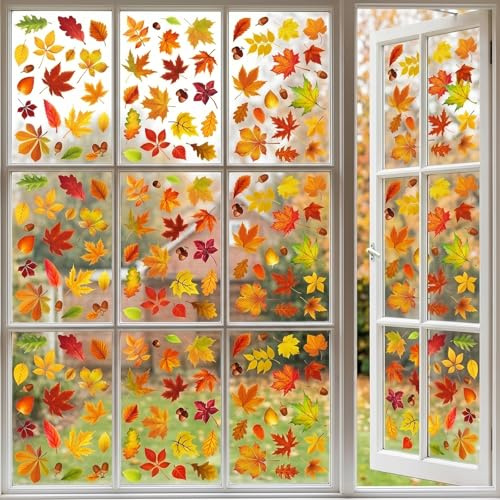 Fensterbilder Herbst Selbstklebend, 174 Stück Herbstdeko Fensteraufkleber, 9 Blatt Beidseitig Bedruckt Ahornblätter Eicheln Fenstersticker, Statisch Haftend Wiederverwendbar für Fenster Glas Spiegel