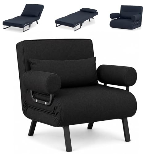 LSBIKE Schlafsofa 4 in 1 mit Bettfunktion, Schlafsessel mit Armlehne und Kissen, Klappbar Couch Schlafcouch mit 6-stufig Verstellbarer Rückenlehne, Tragbares Gästebett für Zuhause (Schwarz, 80 cm)