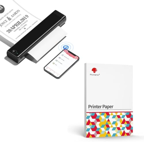 Phomemo M08F Tragbarer Drucker Schwarz mit 200 Blatt Schnell Trocknendem A4 Thermopapier, kabelloser Bluetooth-Mobildrucker für Reisen, Auto, Büro & Zuhause, Tintenloser Druck