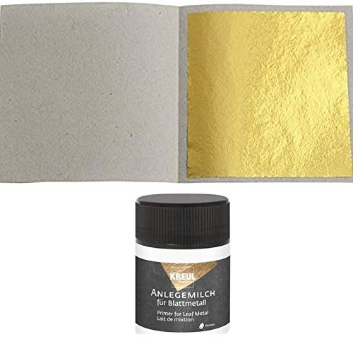 100 Blatt Blattgold Imitation Blattmetall Schlagmetall Set zum Vergolden & Basteln Kunst Handwerk Vergoldung Dekoration + 1 x Kreul Anlegemilch 50ml