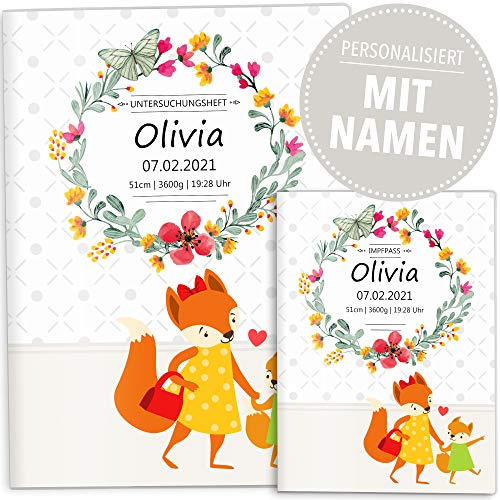 OLGS U-Heft Hülle und Impfpasshülle Mommy Love Butterfly | Untersuchungsheft Hülle inkl. Impfpasshülle Geschenkidee personalisierbar mit Namen & Geburtsdatum (U-Heft Set personalisiert, Fuchs)
