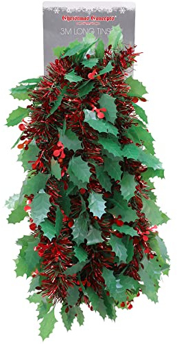 Christmas Concepts® 3m / 9.8ft Grueso/Oropel Fino - Decoración navideña - Oropel (Rojo y Verde con Acebo)