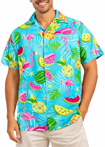 King Kameha Hawaii Hemd Männer - Funky Hawaiihemd Herren Kurzarm mit Flamingo-Melonen Print - Ideal für Urlaub & Strand