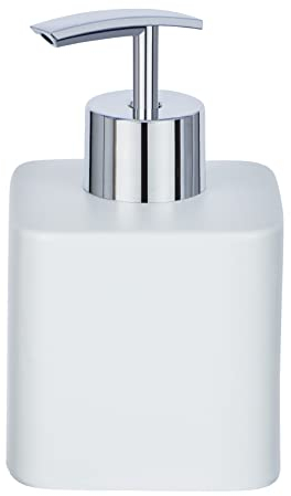 WENKO Seifenspender Hexa, nachfüllbarer Pumpspender aus Keramik für 290 ml Flüssigseife, silberner Pumpkopf, 7,5 x 13 x 8,5 cm, Weiß matt