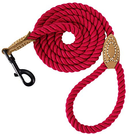 Mile High Life Braided Cotton Rope Leash with Leather Tailor Handle and Heavy Duty Metal Sturdy Clasp (Red, 5 FT)