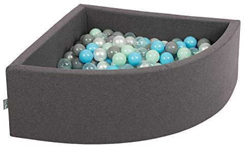 KiddyMoon Viertel Eckig Bällebad Bällepool 90X30cm/200 Bälle ∅ 7Cm Ballgruben Für Babys Spielbad Kleinkinder, Hergestellt In Der EU, Dunkelgrau:Perle/Grau/Transparent/Babyblue/Minze