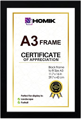 HOMIK A3 Photo Frame – Acrylic Glass A3 Picture Frame Black for Home Decor & Gifting (Single, Black, A3)