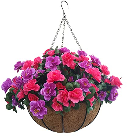 Dekoration für drinnen und draußen, künstliche Seidenblumen, niedlich für lilafarbene und rosafarbene Azaleen, DIY Kette, Hängekorb mit Blumentopf (großer Korb)
