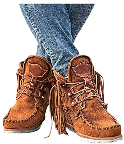 Hbeylia Boho Ankle Booties For Women Ladies With Fringes Ethnic Bohemian Vintage Suede Tassel Lace Up Wide Round Toe Chunky Bottom Heels Low Top Short Boots Retro Beach Slip On Dress Walking Shoes