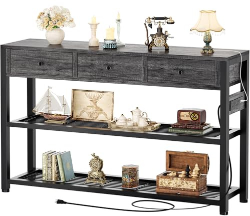 Ecoprsio 47'' Entryway Table with Outlets and USB Ports, Console Table with 3 Drawers, Sofa Table Narrow Long with Storage Shelves for Living Room, Couch, Hallway, Foyer, Kitchen Counter, Grey