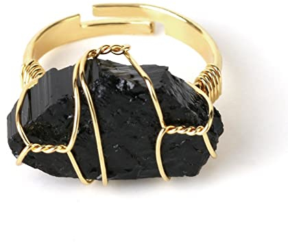LCDIUDIU Ringe Frauen, Goldene Handgemachte Wicklung Natürlichen Unregelmäßigen Schwarzen Obsidianstein Verstellbarer Offener Knuckle Tail Ring Finger Joint Ring Schmuck Für Frauen Dame Mädchen
