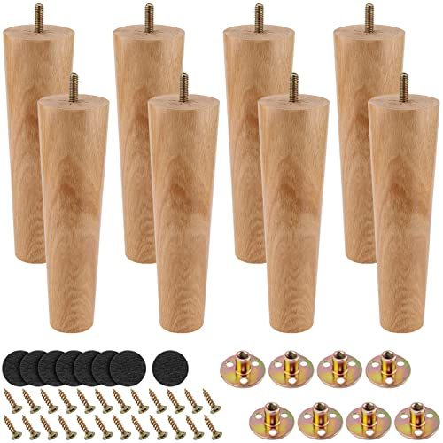MUKLEI 8 PCS 20cm Wooden Furniture Legs, Solid Wood Sofa Legs, Dresser Legs with Mounting Plates, Screws and Non-Slip Pads Wooden Cabinet Leg for Sofas, Tables, Dressers
