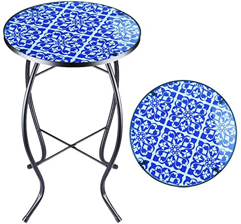 Uteplats sidobord utomhus mosaikbord accent soffbord, växtbord liten veranda blå-vitt bord inomhus, runt glas balkong liten veranda växtbord stativ för trädgård uteplats vardagsrum 35 cm