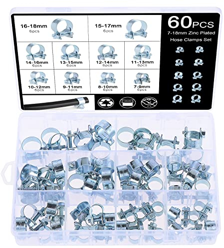 Faankiton 60 Stück Schlauchschellen Set 7-18mm Kraftstoffleitung Schlauchschellen Wasserrohr Luftschlauch Verzinkt Silikon Vakuum Schlauchschelle Befestigung für Gartenschlauch, Drain Schläuche