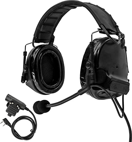 Hearangel Casque Tactique Réduction du Bruit Électronique Prise de Son, avec Coussinets d'Oreilles en Gel et Ken 2 Broches pour Airsoft Sports