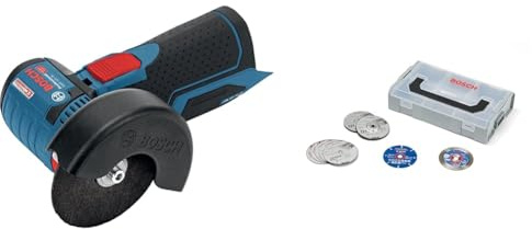 Bosch Professional 12V System Akku Winkelschleifer GWS 12V-76 (3 Trennscheiben, Ø 76 mm, ohne Akkus & Ladegerät, im Karton) + 9-teiliges 76mm-Disc Set in mini L-Boxx (für GWS-12V, Ø 76 mm, Zubehör)