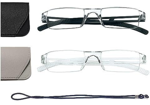 Hubeye 2 pares Gafas de Lectura Sin Montura Mujer Hombre Rectángulo Lector sin marco transparente anteojos anti luz azul con funda de cuero 2.00