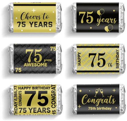 Tenare 90 Pcs 75th Birthday Party Favors Candy Wrappers Black and Gold Stickers Mini Chocolate Label 75th Birthday Decorations for Men Anniversary Party Supplies