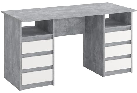 KOMTO Schreibtisch mit Schubladen - Oslo 140 x 60 x 74 cm Moderner Schreibtisch Beton + Weiß Bürotisch Computertisch Arbeitstisch Büro PC-Tisch Kinderschreibtisch mit Stauraum