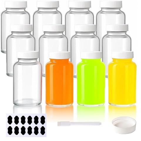 YBCPACK 12 Pack 4oz Reusable Glass Shot Bottle, Clear Wellness Shots Bottle | ideas for Ginger, 120ml Small Glass Juice Bottle with Lids, Label, Pen.(Dishwasher Safe & Leak Proof)