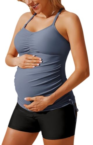 Maacie Maternity Tankini Swimsuits Pregnancy Swimwear Strappy Drawstring Blue Grey 2XL
