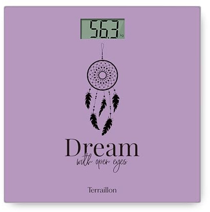 Terraillon Pèse personne ONE PASTEL - DREAM- Compact et ultra plat 27cm x 27 cm-Plateau verre-Ecran LCD-Capacité 160Kg-Graduation 100g -Sérigraphie Violet