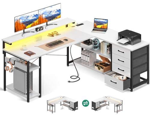 ODK Schreibtisch mit Schubladen, 155×110cm Reversible Eckschreibtisch mit 2 Steckdosen und 2 USB Ladeanschluss, Bürotisch L Form mit LED für Home Office, Weiß
