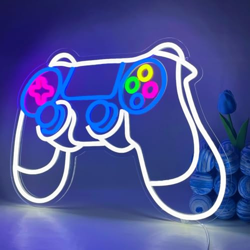 UExnkj-Y Spiel Leuchtreklame Game LED Schild Blaue Weiß Leuchtreklame LED Neon Wanddekoration Gamepad Neon Sign USB Neon Schild für Schlafzimmer Jungen Zimmer Dekor Game Zone Geschenk