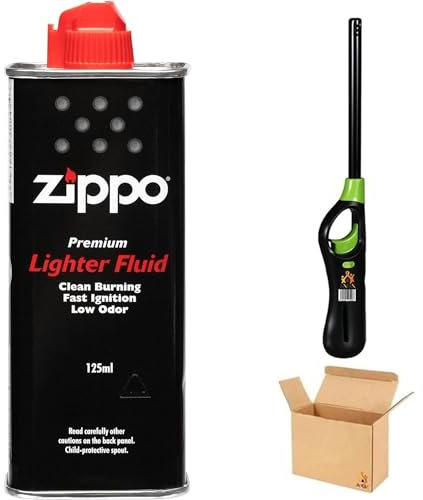 ANGIX 125ml Ziippo Lighter Fluid with BBQ Lighter, Easy Refill Nozzle Fuel Petrol Refill Canister, Clean Burning, Fast Ignition & Low Odour, Universal Fit for Clipper & Ziippo Lighters