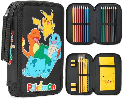 Pokemon Federmäppchen Jungen und Mädchen Mäppchen Gefüllt mit Schreibwaren Set Pikachu Geschenke für Kinder und Teenager (Glumanda Pikachu Schiggy Bisasam)