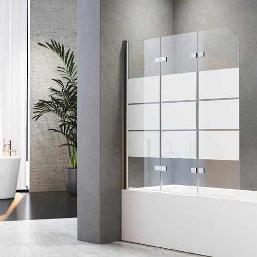 Duschwand für Badewanne Faltbar 120 x 140 cm Gestreift Badewannenfaltwand 3 teilig Duschfaltwand für Badewanne aus gehärtetem Sicherheitsglas mit NANO Beschichtung