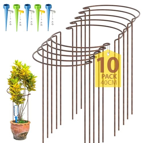 KAZITOO 10 Stück 40cm rostige Pflanze Stützpfeile, natürliche Rost Halbrunde Blume Unterstützung mit 5 Selbst Bewässerung Spikes, rostige Metall Vernetzung Garten Grenze für Pfingstrosen, Hortensie