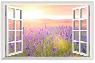 LXURY Ventana Vista Cuadros en Lienzo-Falsa Ventana Imagen Impresión-Paisaje Cuadro Modernos Lienzos Decorativos Dormitorio Salon Baño-Purple Flowers Sunshine 50x80cm20x31inch Sin Marco