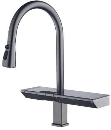 Luxus-Küchenarmatur mit Digitalanzeige, messinggrau, ausziehbares Design, Wasserfall-Wasser, Einhandgriff, Kaltwasserhahn und Wasserhahn mit 2 Bedienelementen (Color : Brushed Grey)