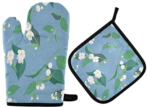Ufuson Weiße blühende Blumen Ofenhandschuhe & Topflappen, rutschfeste Kochhandschuhe für Küche, waschbar, hitzebeständig, Ofenhandschuhe für Mikrowelle, BBQ, Backen, Grillen, 2 Stück