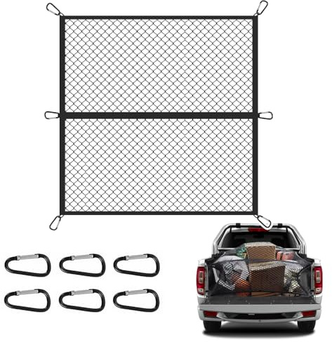 Foldable Cargo Net for Pickup Truck Bed,4' x 4' Ultra Strong Stretch to 8'x8' Truck Bed Organizer Includes 6 Pcs Carabiner Clips,Dual Use Cargo Net for Trucks SUV Car Trunks Organizer