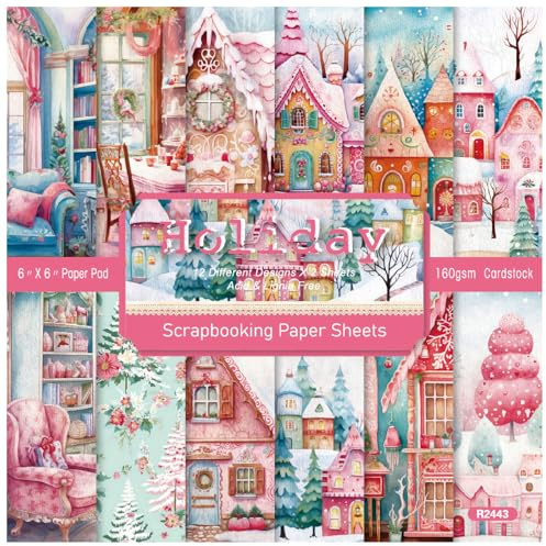 ZAKHSE Motivpapier Weihnachten, 48 Blatt Weihnachtsmuster Designpapier, 15,2x15,2cm, Einseitig Bedruckt Bastelpapier Bunt, 12 Designs Scrapbook Papier für DIY Scrapbooking Kartengestaltung-Rosa