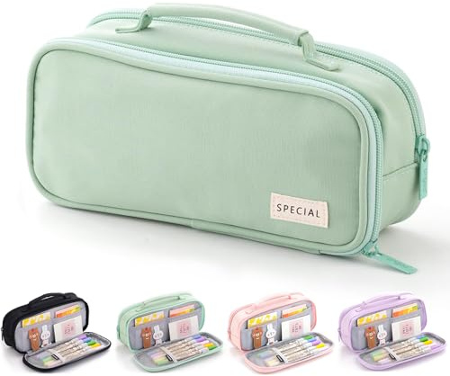 Boziee Federmäppchen 3 Fächer große Kapazität Federtaschen Mäppchen Pencil Case mit Tragegriff für Schule, Büro, Jugendliche, Erwachsene (Grün)