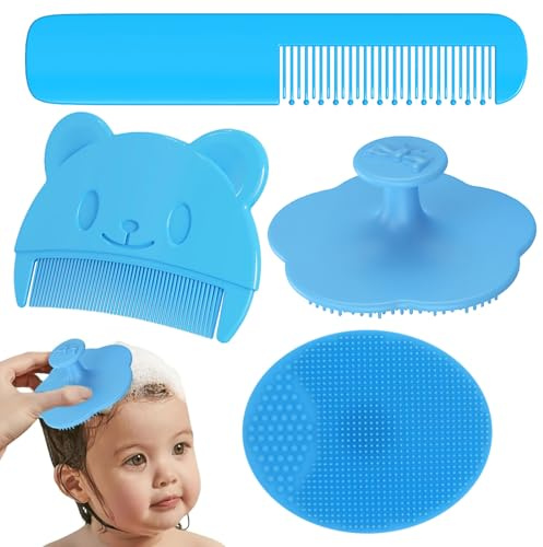 4 Piezas Cepillo de Baño para Bebe Cepillo Costra Láctea Bebe Peine Bebe Recien Nacido Cepillo de Ducha Bebe Ideal para Duchas Infantiles,Set de Peine Ergonómico y Cepillo de Baño(Azul)